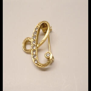 Rhinestone Gold-Toned Scripted C Pin 1 inch high